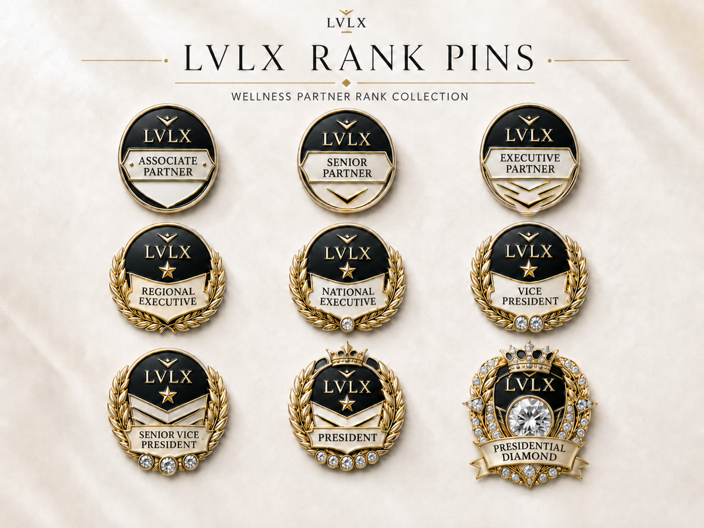The exact approved nine-pin LVLX collection. Executive Partner has no crystal; National Executive has one; Vice President has two.