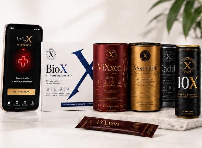 Product photography from the supplied LVLX concept, including care access, BioX, and upcoming packaged wellness products.