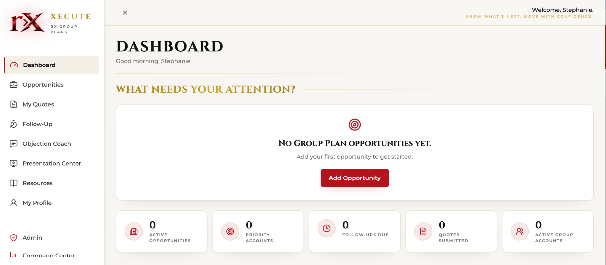 The supplied Xecute dashboard with Opportunities, My Quotes, Follow-Up, Objection Coach, Presentation Center, and Resources.